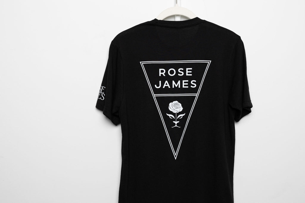 Black t-shirt with 'Rose James' logo on a white background