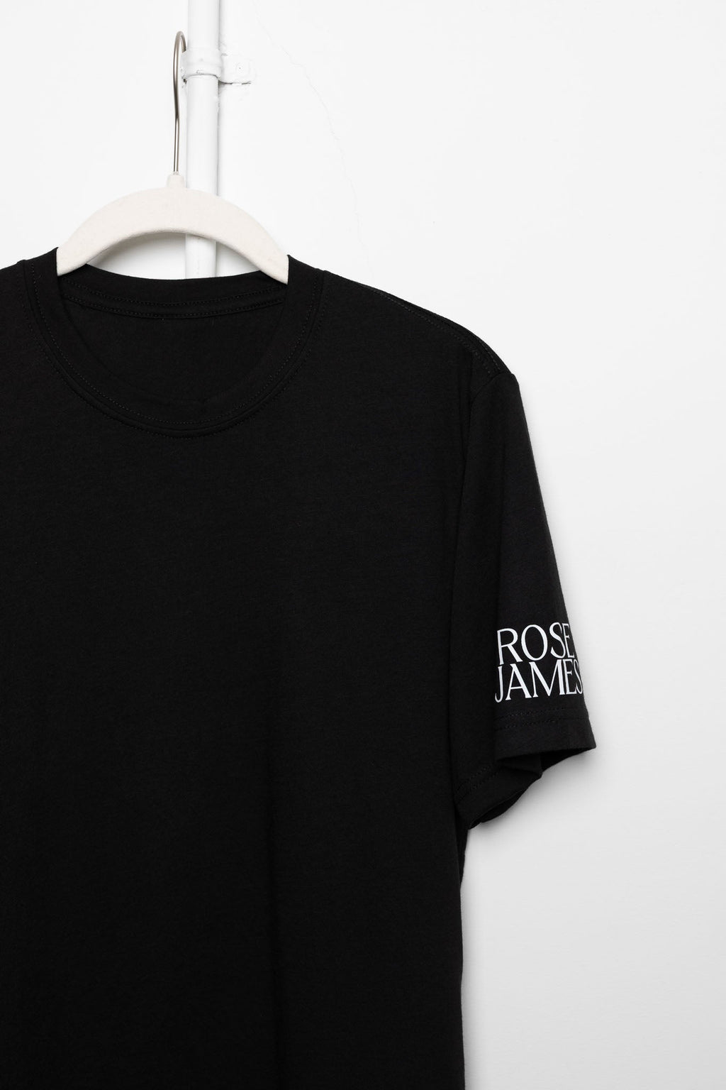 Black t-shirt with 'Rose & James' logo on a white background