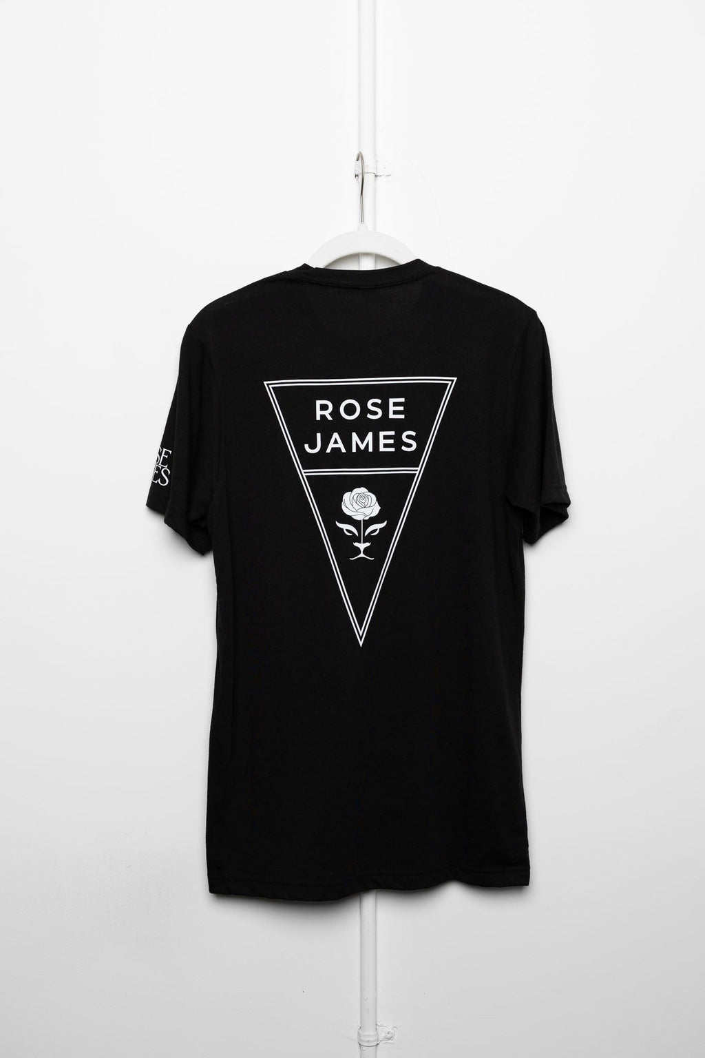 Black t-shirt with 'Rose James' logo on a white background