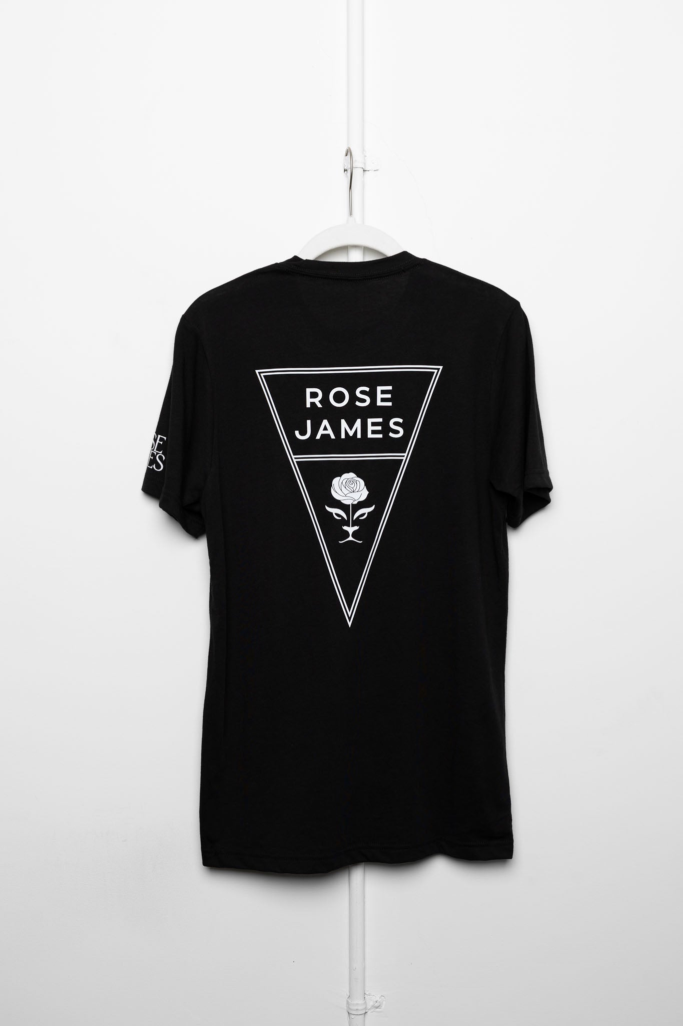 Black t-shirt with 'Rose James' logo on a white background