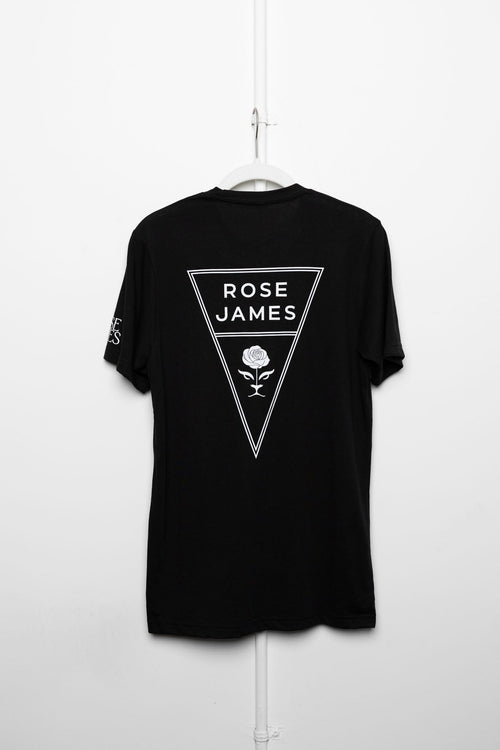 Black t-shirt with 'Rose James' logo on a white background
