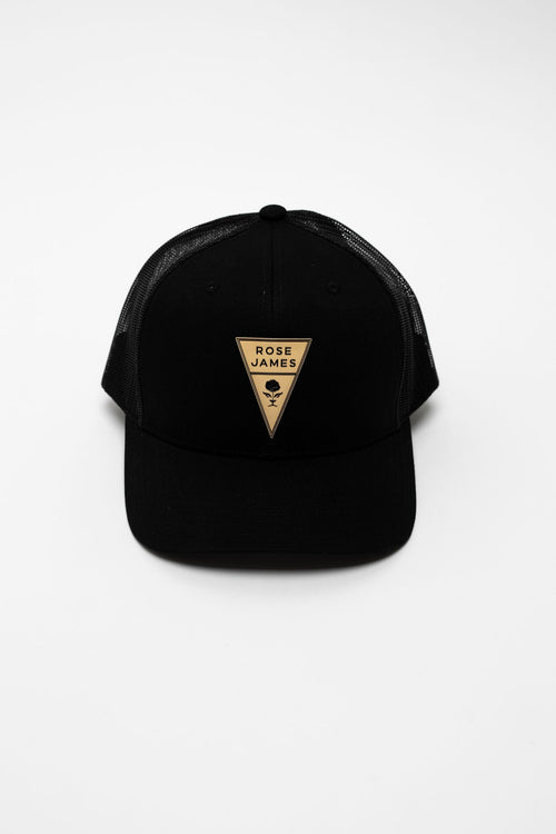 Black cap with a gold triangle logo on a white background